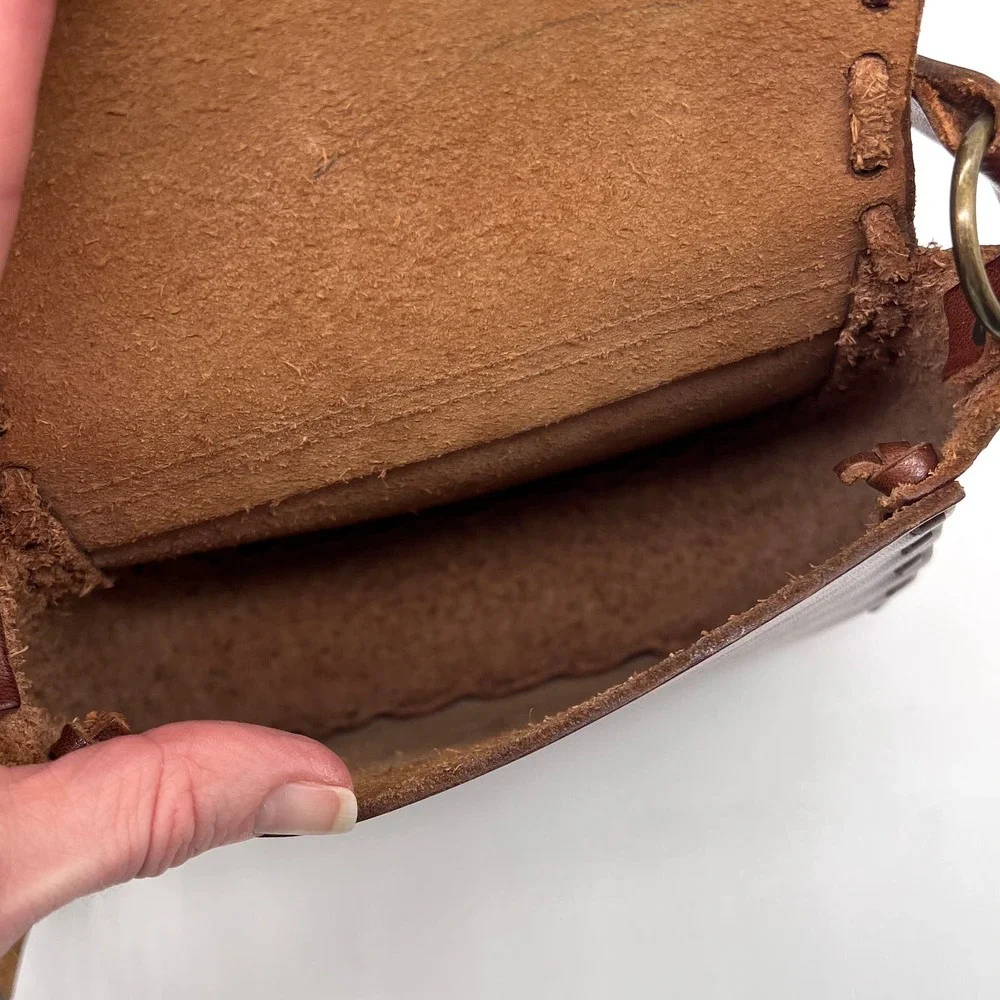 VINTAGE Leather Crossbody Bag Womens Small Brown Handmade Studs Jewels Stitched - Picture 10 of 12